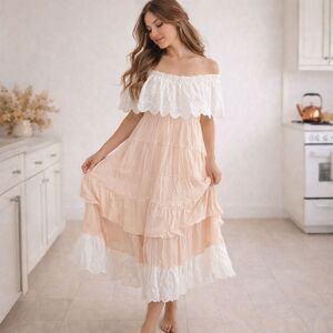 Off the Shoulder Eyelet Lace Tiered Peach & White Dress, M, Whimsical, Cottage